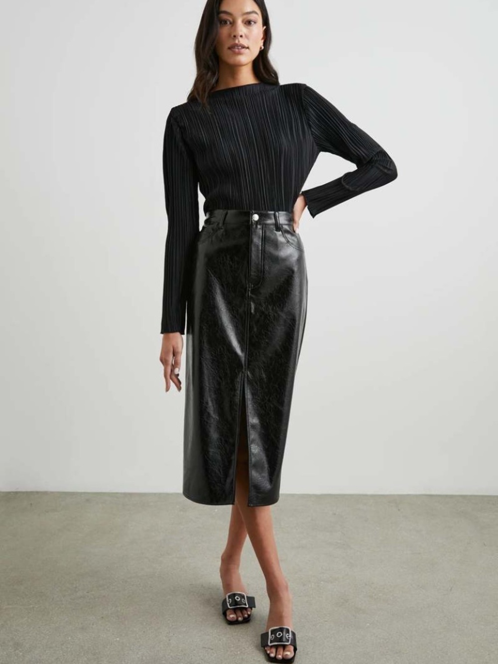 NWT Rails Norma Black Patent Crinkle Faux Leather Midi Skirt Front Slit Sz 10 $2